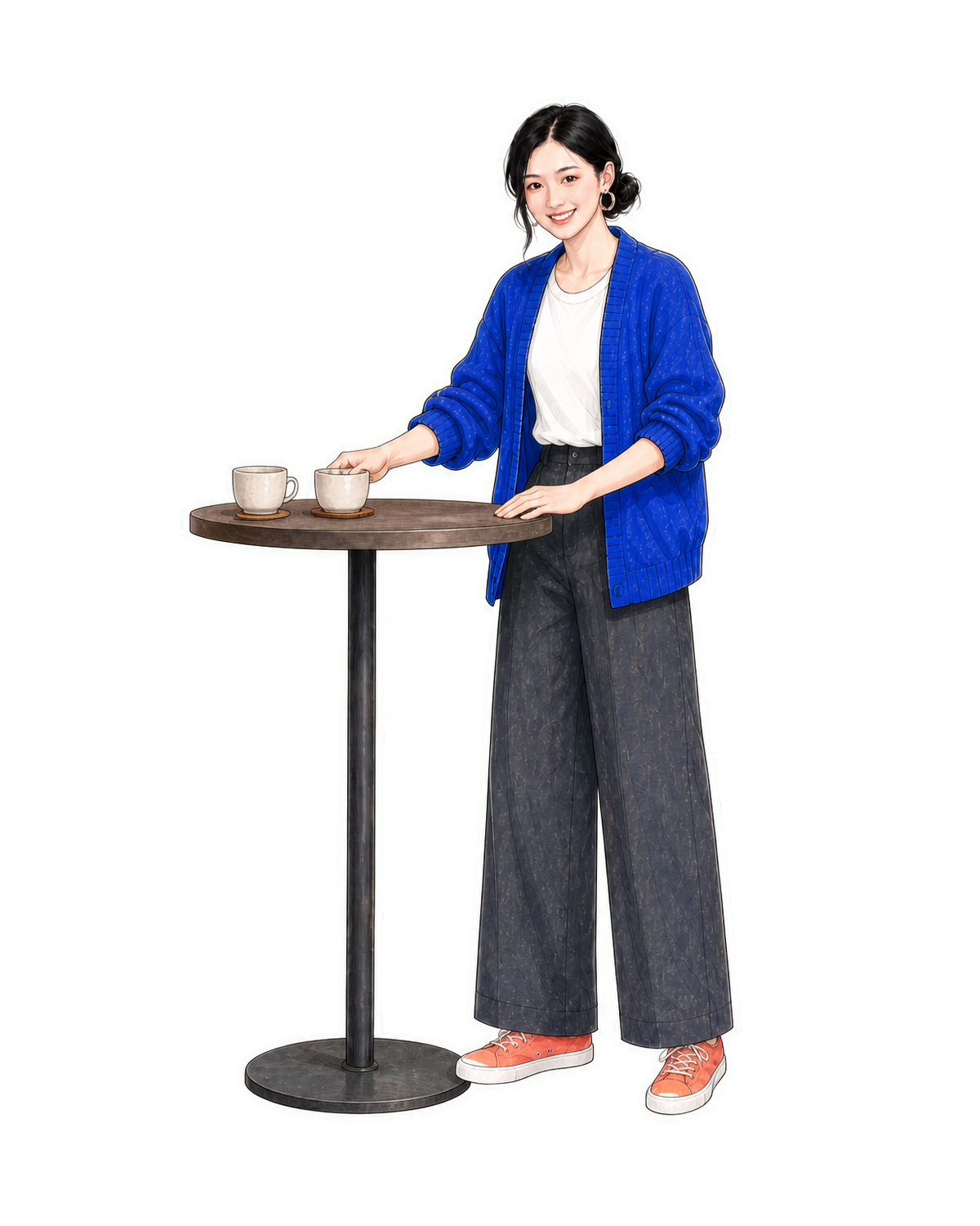 Lena 站在圆桌旁准备记录联系与合作信息