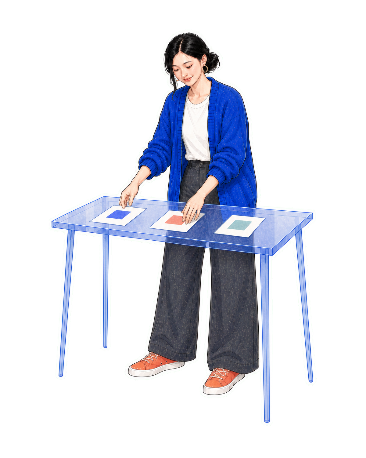 Lena 在透明数字工作台前整理三张免费工具卡片